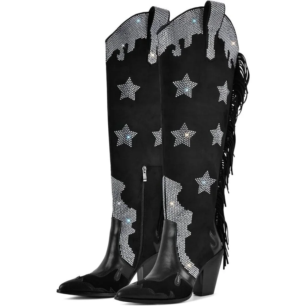 Women Faux Suede Black Rhinestone Embellished  Pointed Toe Knee High Boots